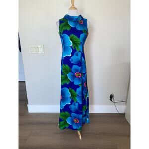 VINTAGE 60's 70's Sun Fashions of Hawaii Dress Maxi Sleeveless Blue Floral Sz 12